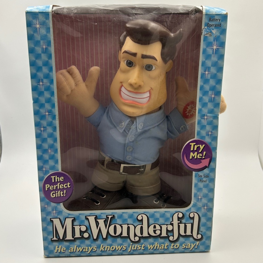 PNE Mr Wonderful Talking Doll Unisex 12in Blue Khaki 16 Phrases 2003โ Y2K Kitsch